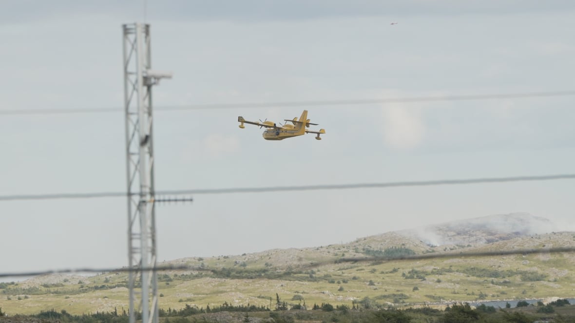 A water bomber flying low, in cloudy sky.