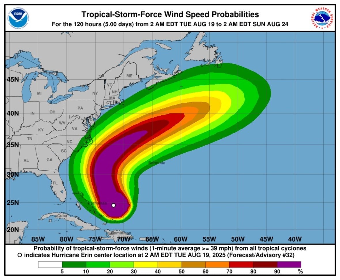 A map shows the expected trajectory of the storm, with different colours reflecting the probability of wind speeds.