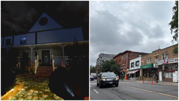 A collage of two photos, one of the right of a big house in the middle of a farm and the other showing a busy downtown street.