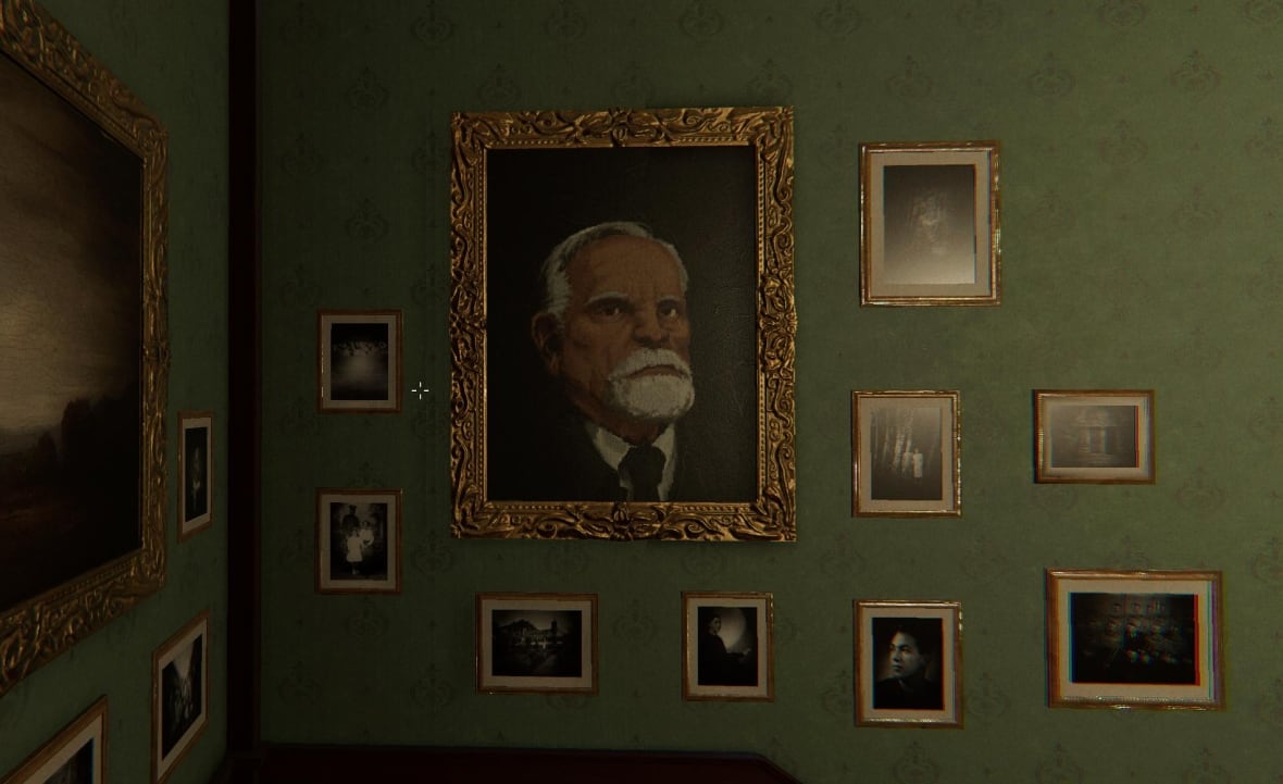 Several pictures of a wall, including a big one of an older man with white hair and a white beard.