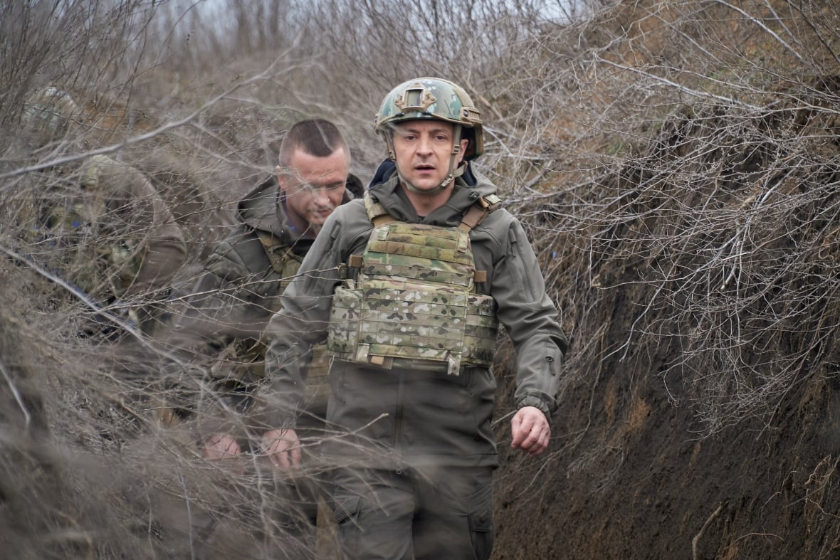 Ukraine's President Volodymyr Zelenskyy visits positions of armed forces near the frontline with Russian-backed separatists in Donbass region, Ukraine April 9, 2021. 