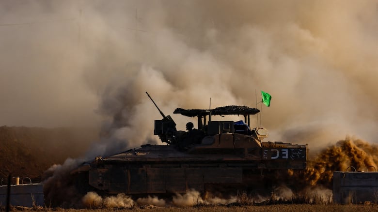 A tank in a dusty battlefield. 