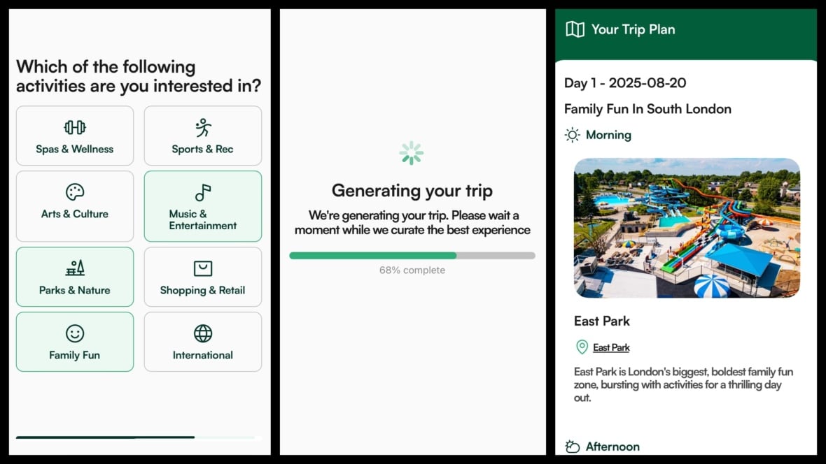 3 phone screenshots. The first shows a screen asking about the user's interests. The second is a loading screen. The third shows a trip itinerary