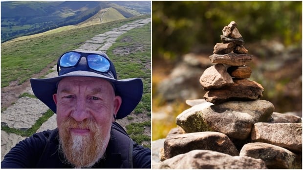 Side-by-side images. On the left, selfie of man with a graying, braided red beard standing on a countryside trail with rolling green hills and a stone path behind him. On the left, a pile of rocks stacked into a sort of triangle shape. 