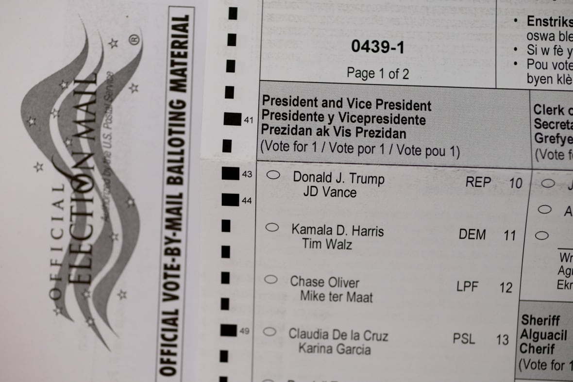 In this photo illustration, the names of the candidates for the 2024 Presidential election, including Republican presidential nominee, U.S. President Donald Trump, and Democratic presidential nominee, Vice-President Kamala Harris, appear on a vote-by-mail ballot on October 02, 2024 in Miami, Fla.