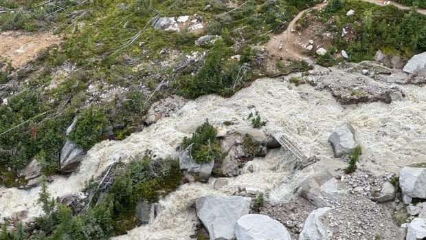 Fast running water is seen from above in an alpine environment.