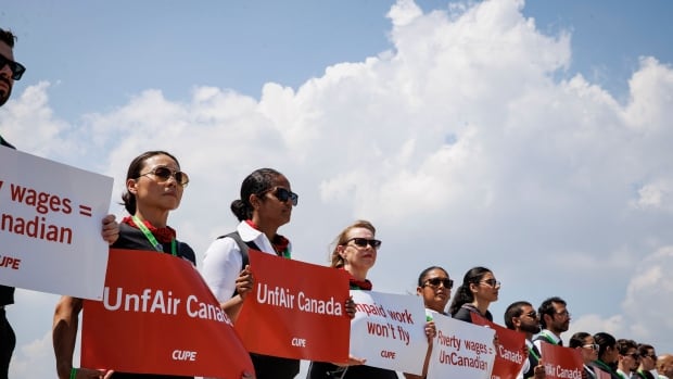 Air Canada flight attendants in a line outside an airport holding a rally and signs that read: UnfAir Canada; Unpaid won't fly; Poverty wages=unCanadian.