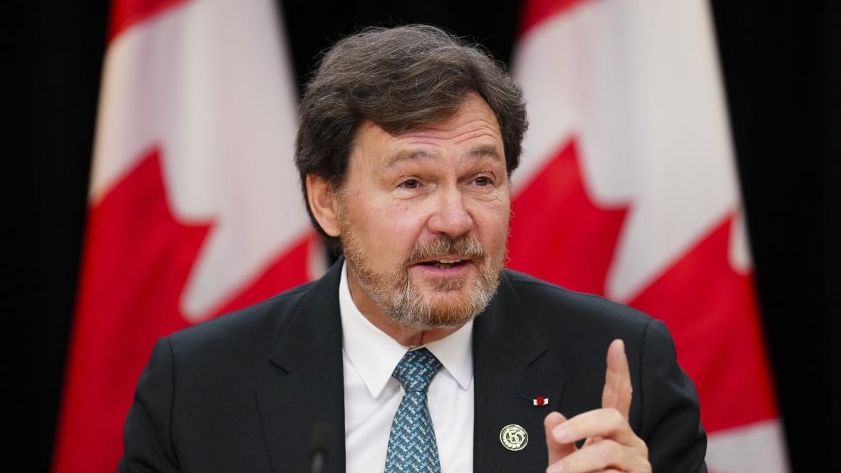 Um homem de terno indica com o dedo na frente de uma bandeira canadense.