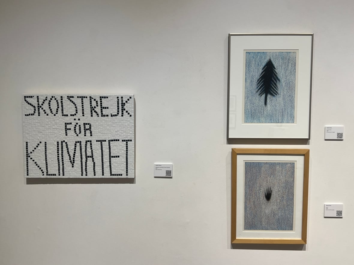 One of the co-founders of Embassy Cultural House, Jamelie Hassan, has a few pieces of her own in the collection, including a glass tile interpretation of a sign notably carried by Swedish activist, Greta Thunberg. 