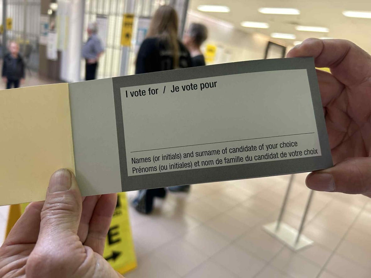 Um par de mãos segura uma amostra de uma votação direita. Ele lê 