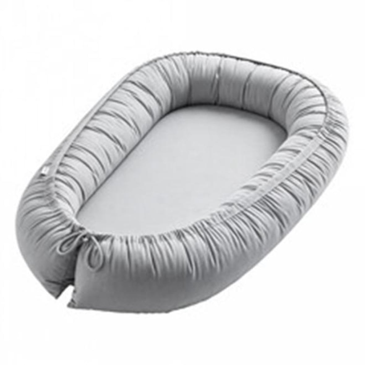 A grey baby nest against a white background.