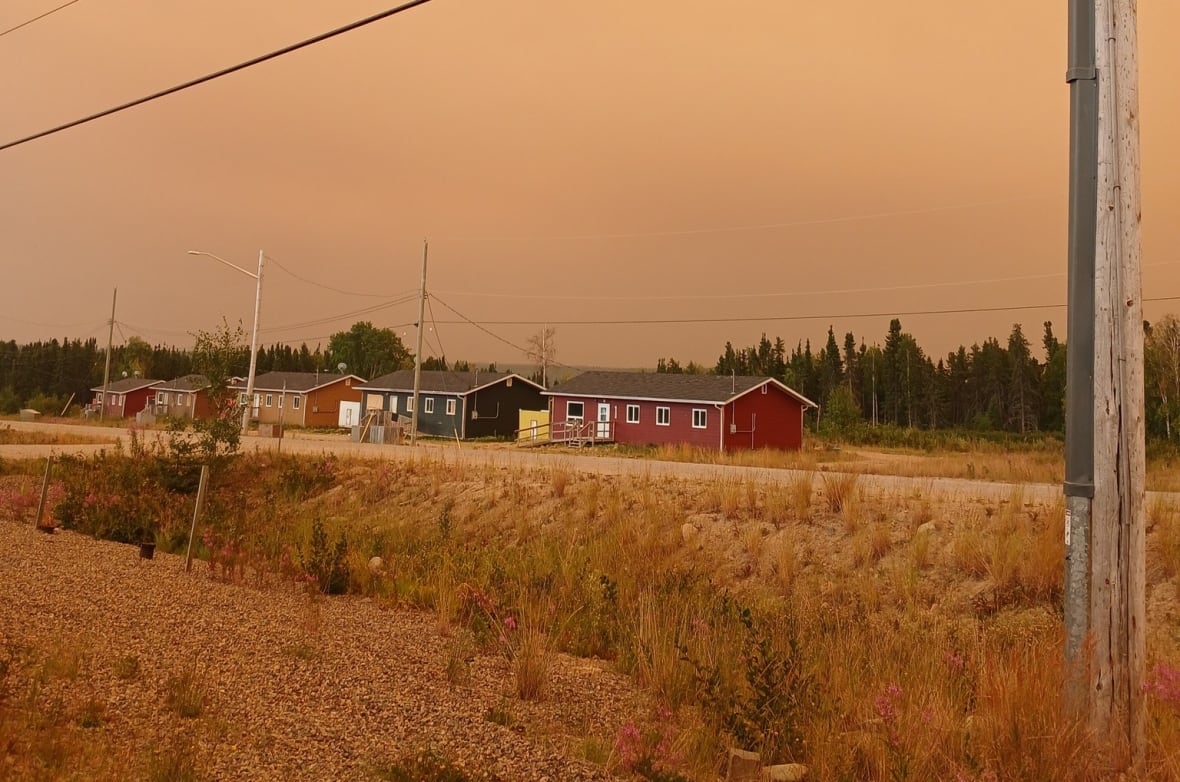 A group of houses sit on community. The sky coloured in yellow and orange.