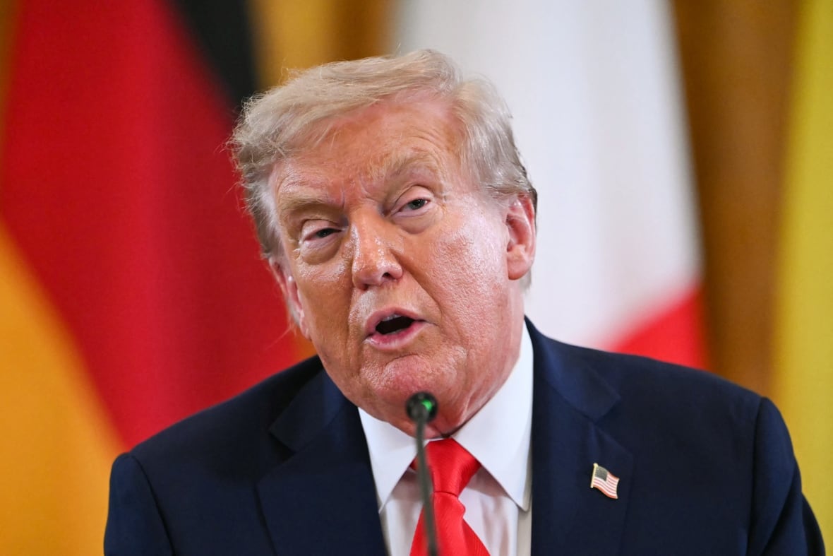 U.S. President Donald Trump speaks during a meeting with European leaders (not seen in image) at the White House in August 2025.