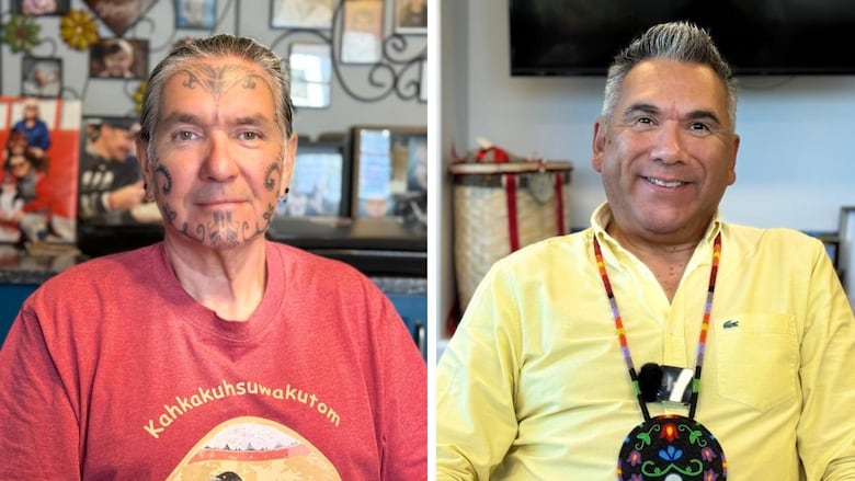 Two photos are next to each other. The photo on the left shows a smiling man with grey hair wearing a yellow shirt. The photo on the right shows a smiling man with face markings and wearing a red shirt. 