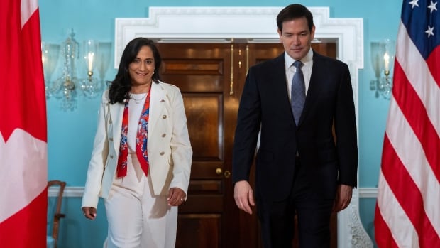 Secretary of State Marco Rubio, right, meets with Foreign Minister Anita Anand at the State Department in Washington, Thursday, Aug. 21, 2025.