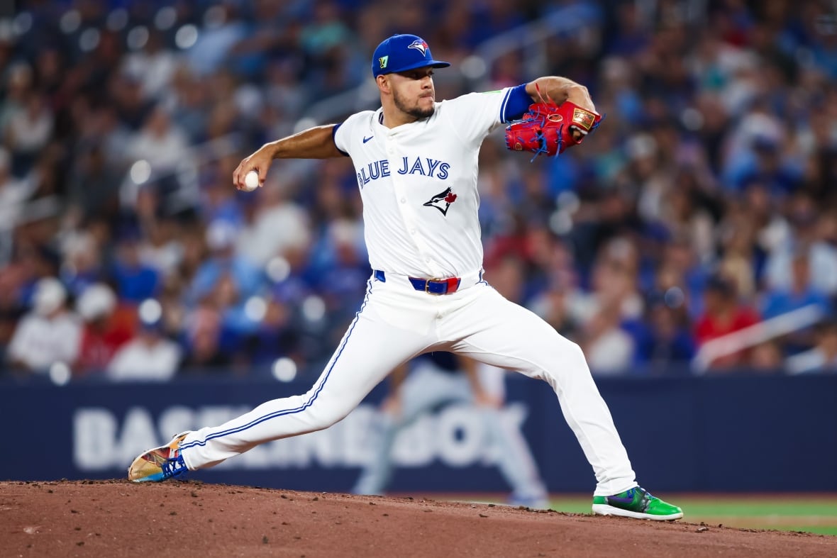 Blue Jays starter José Berríos is seen throwing a pitch in the Rogers Centre.