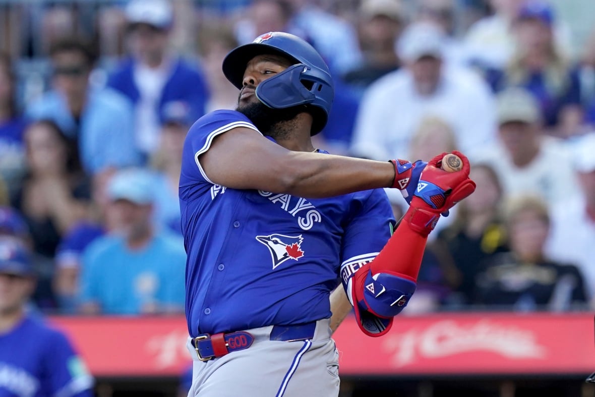 The Blue Jays' Vladimir Guerrero Jr. is seen taking a swing during a game against the Pittsburgh Pirates.