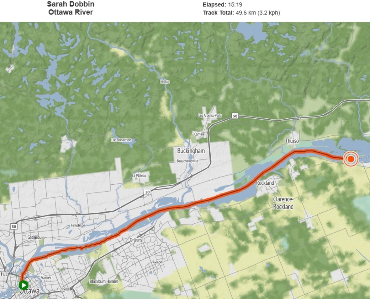A red line across a map shows the 50 kilometer route along the Ottawa River that Sarah Dobbin swam on Thursday, August 22.