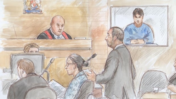 A court room sketch of a judge, accused man, and legal counsel.