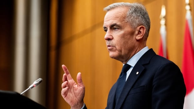 A grey-haired man wearing a navy suit gestures as he speaks into a microphone.