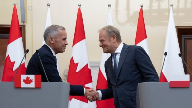 Prime Minister Mark Carney. and Polish Prime Minister Donald Tusk shake hands while standing behind podiums with their country's flags in view. 