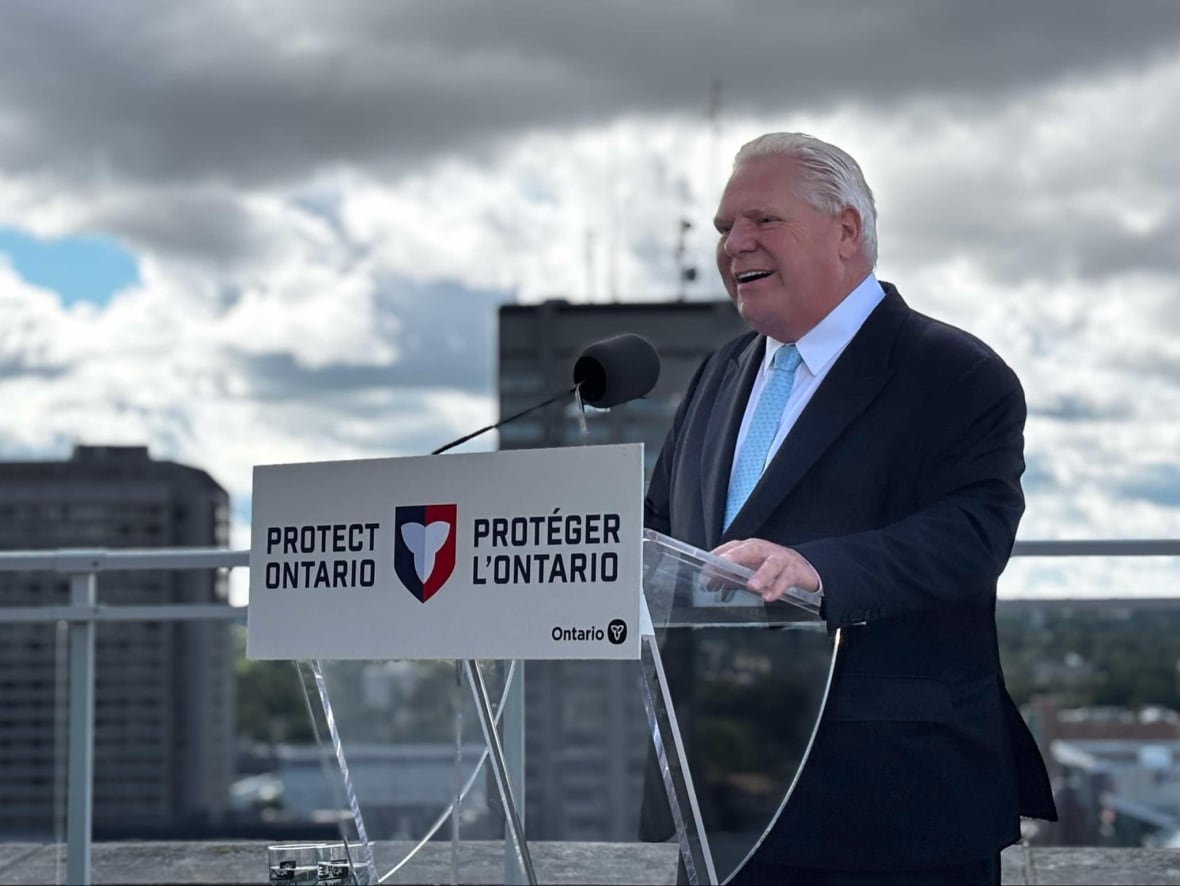 Ontario Premier Doug Ford announces nearly $12 million in funding from the Building Faster Fund for the City of London during an event on the roof of London city hall on Aug. 25, 2025.