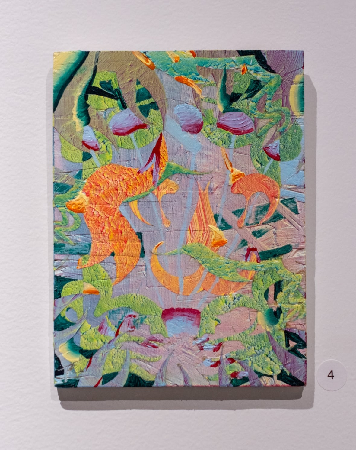 The abstract paintings shows a series of fragmented shapes rendered in pastel blues and pinks as well as bright oranges and greens.