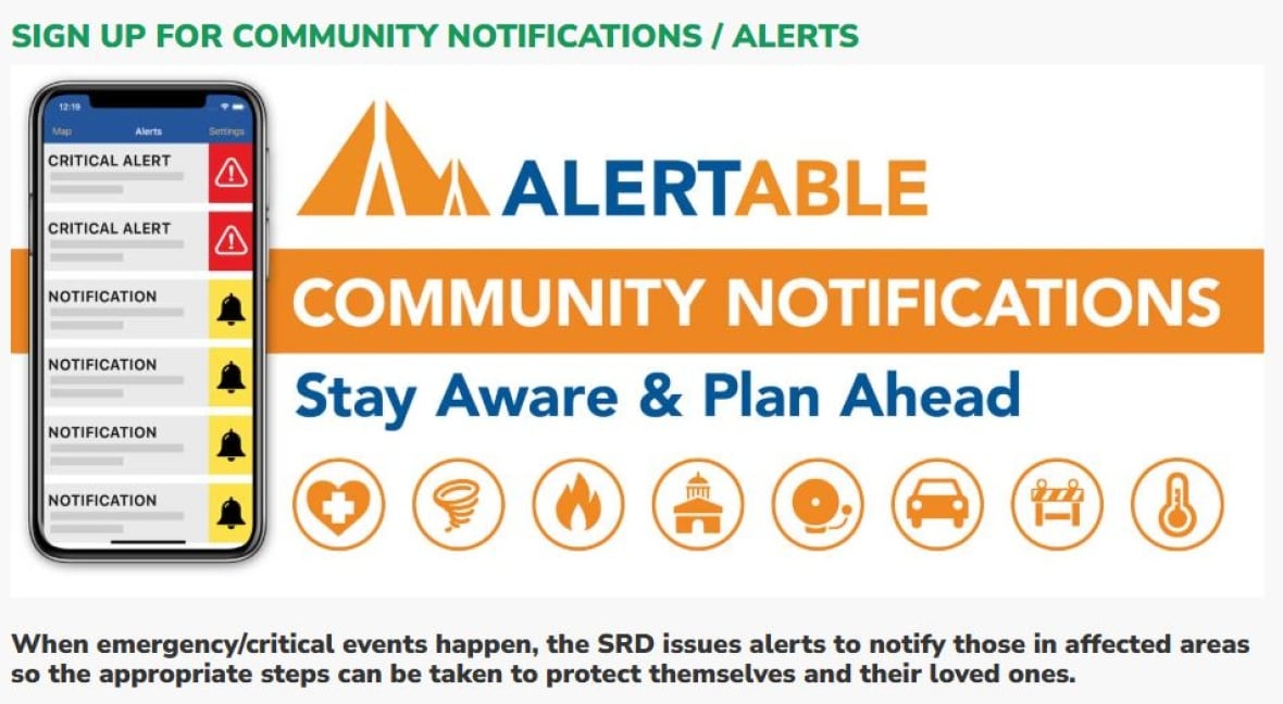 An image of a smartphone screen schowinh notifications, along with the text "Alertable, Community Notifications, Stay Aware and Plan Ahead." 