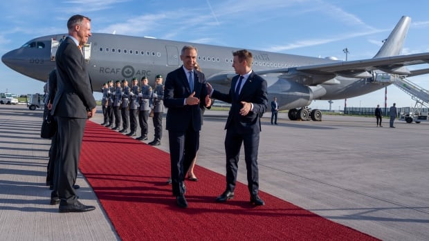A man walks down a red carpet leading from an aircraft with others lined up around him.