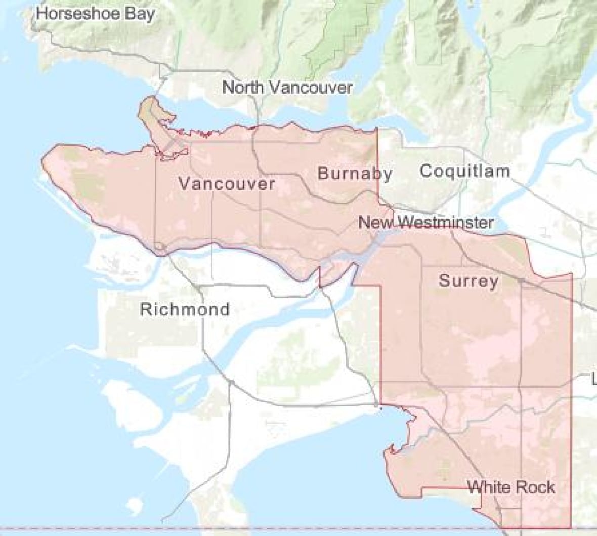 A map of Metro Vancouver highlighting the University of B.C., Vancouver, Burnaby, New Westminster and Surrey.