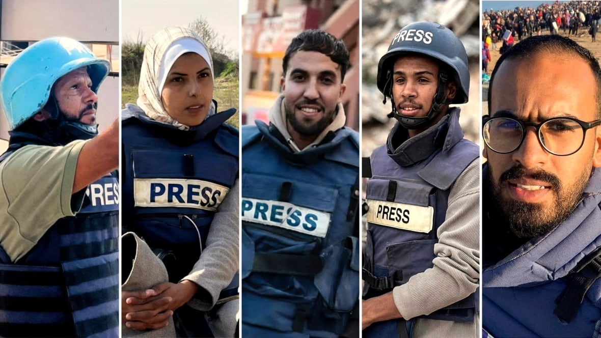 The combination image shows five people with five different pictures: a man, woman, and the other three men. The first four were wearing vests "Press" to them.