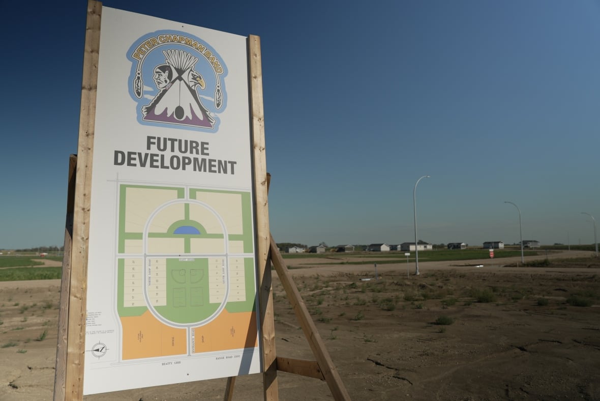 Sign that says "Future Development" showing a map with roads and lots for homes, with new homes in background