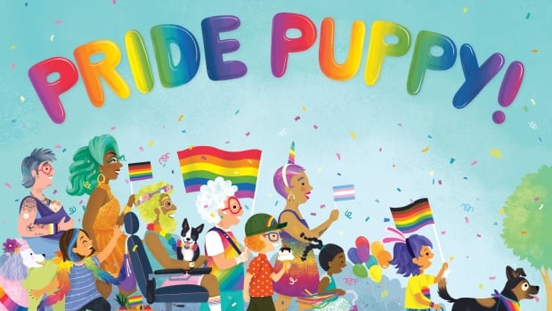 A cover of a storybook for young children featuring rainbows and colorfully dressed parents and children in a Pride parade. There are Pride flags, a dog, someone using a wheelchair and gender diverse people. The title 'Pride Puppy' is written above them in rainbow bubble letters.