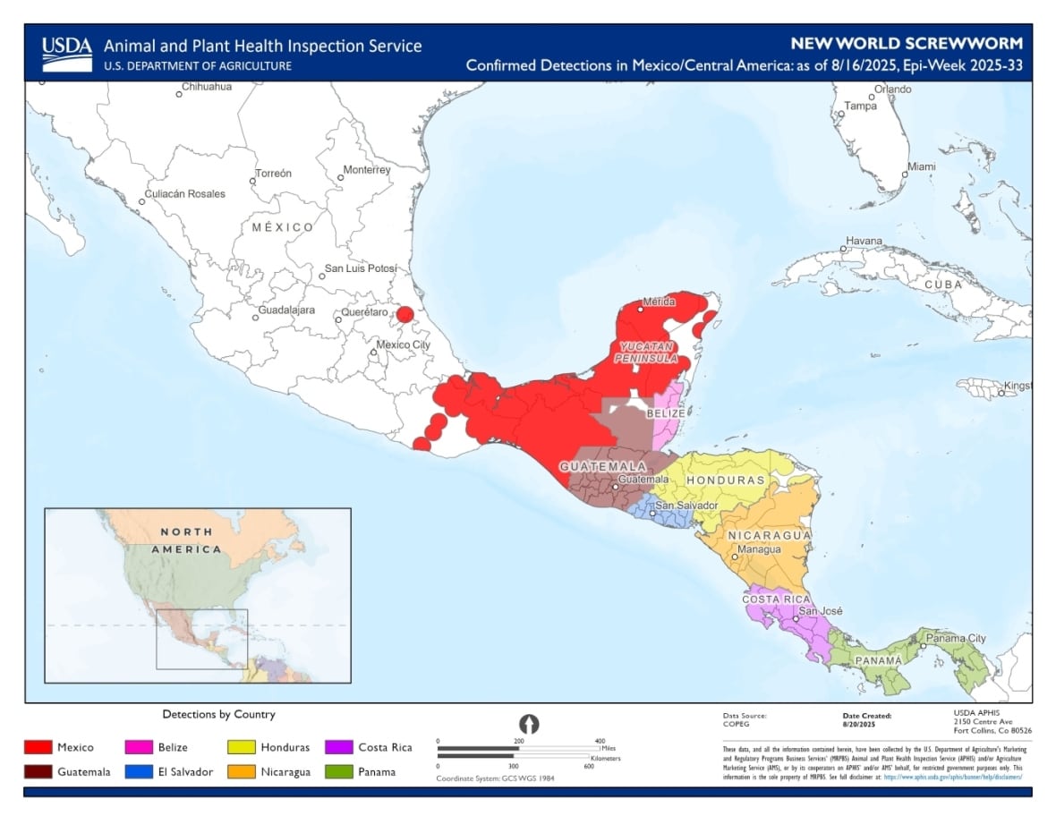 A map of Mexico and Central America with coloured areas representing places affected by a parasite outbreak.