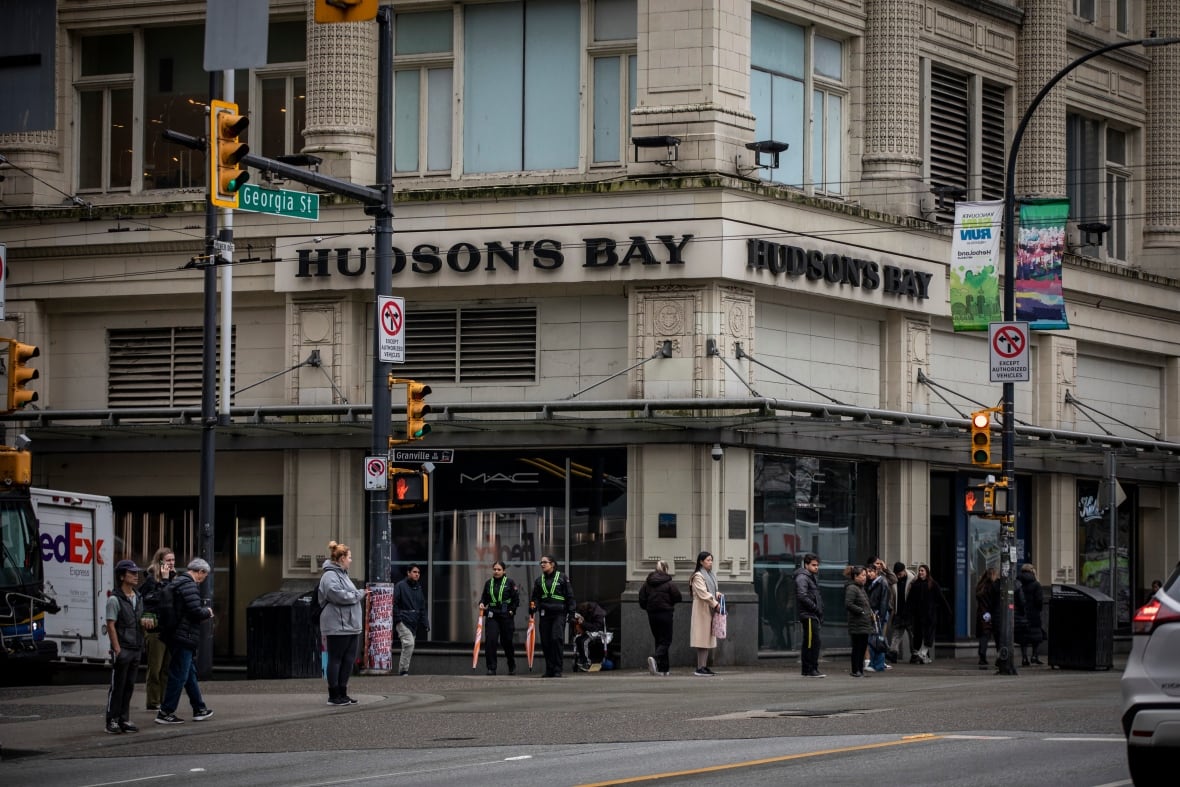 A large department store with lettering that reads 'Hudson's Bay'.