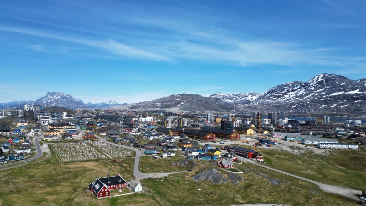 A town is located in a valley from a distance at a high view, with snow -covered mountains in the background outside the city.