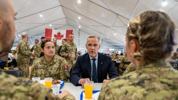 Canadian troops are seen sitting at a breakfast table with Prime Minister Mark Carney. A Canadian flag hangs in the background.
