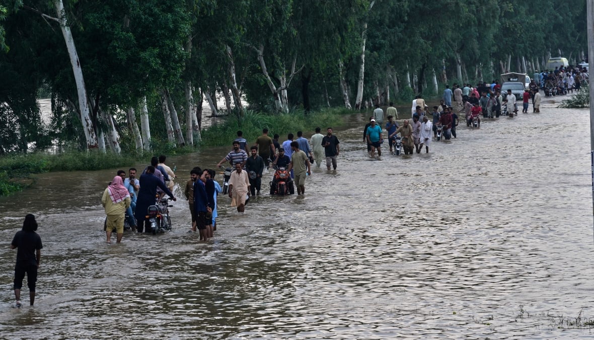 A long line of people walking in a flood flooded next to a group of trees with their property.