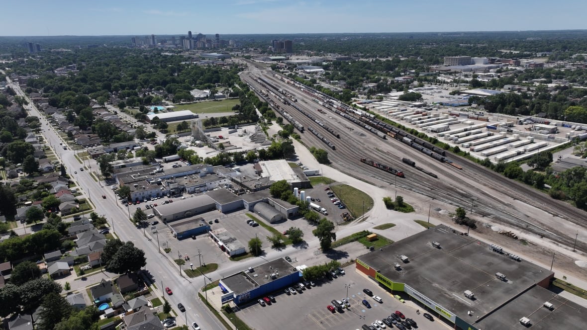 Aerial image of the commercial area surrounding the Sofina Foods plant in London. 