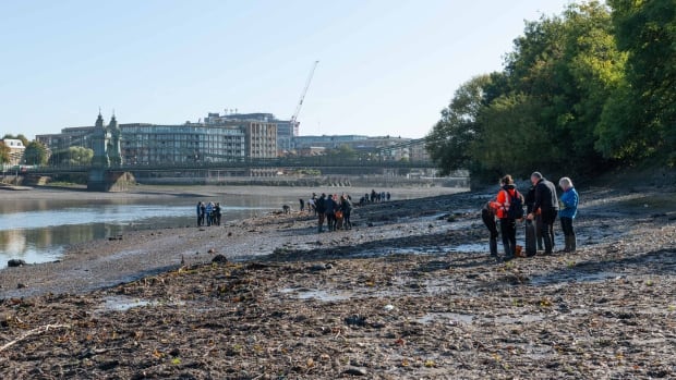 A few groups of people stand around on the shore of water with muddy wet wipes on the ground. 