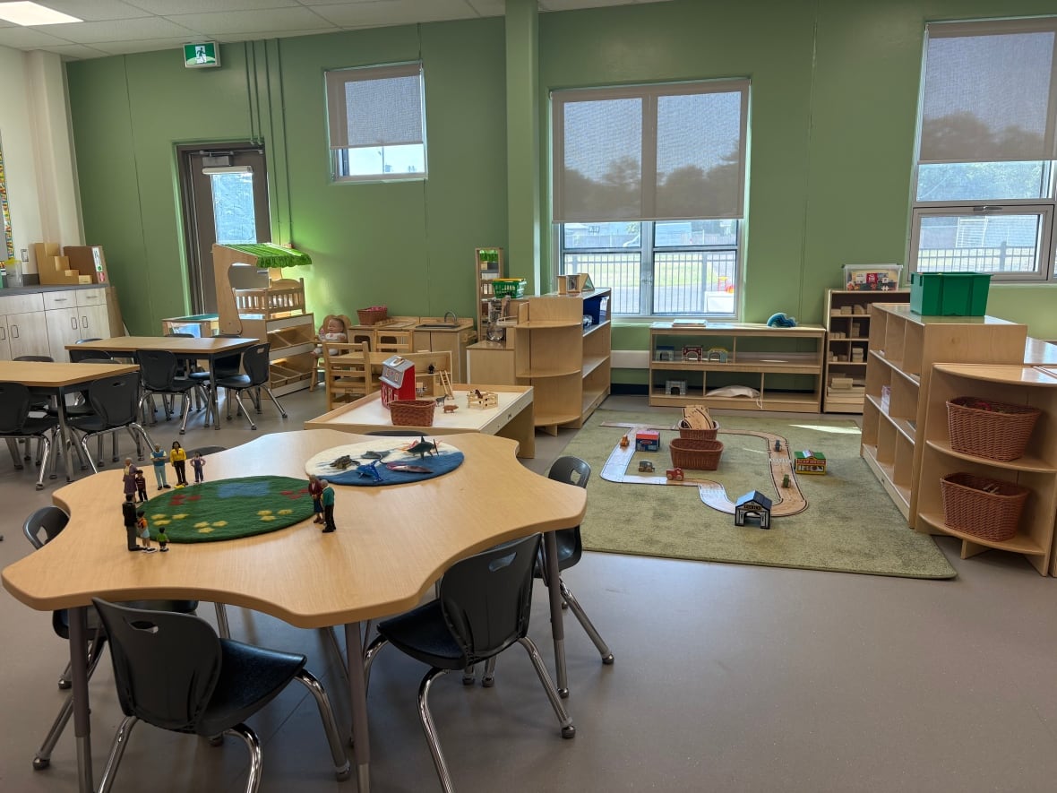 A classroom with round tables.
