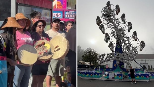 People with drums and cedar hats holding ceremony on the left. On the right, a ride known as the Zipper.