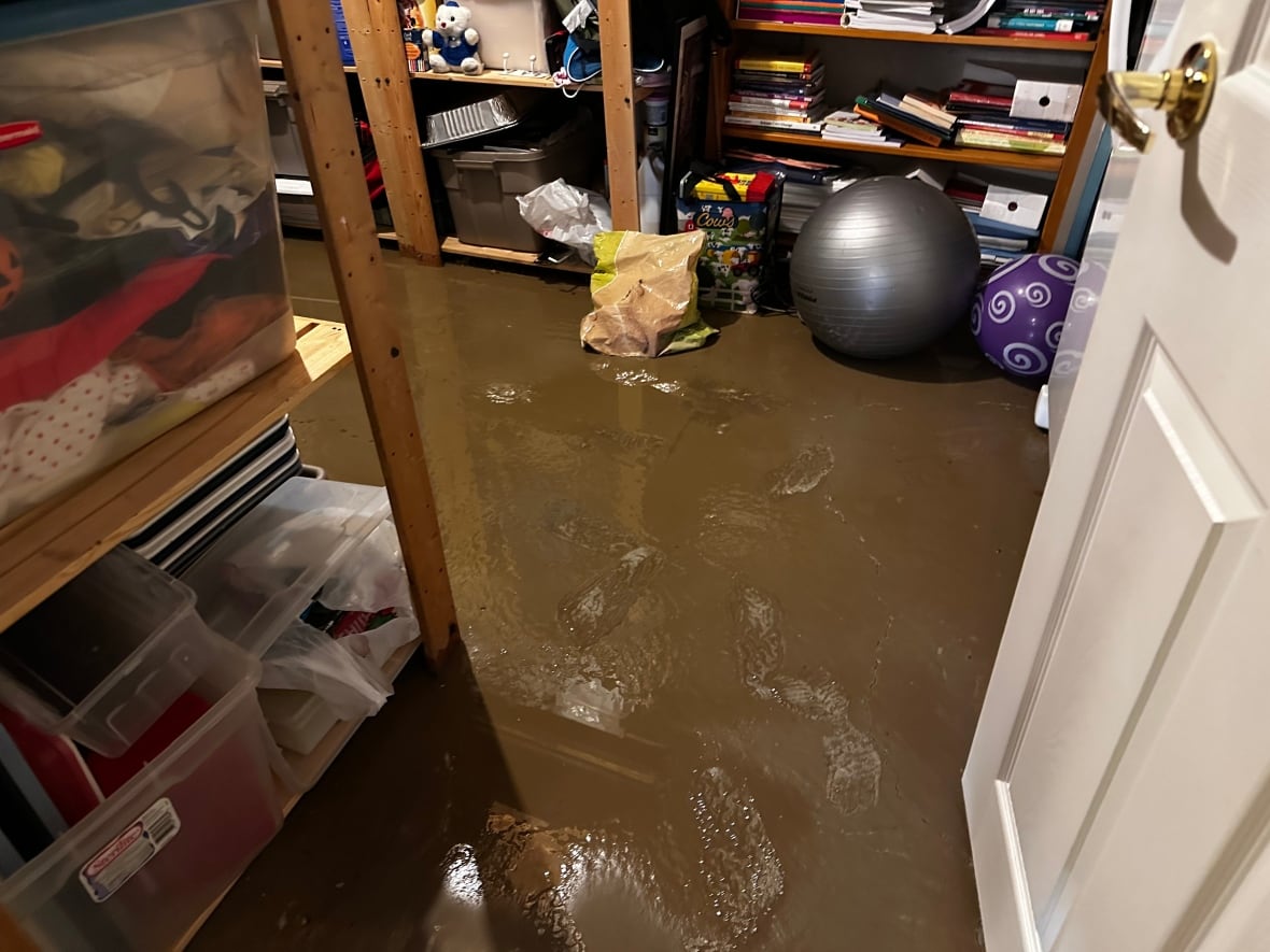 The thick mud covers the floor of a basement with visible fingerprints.