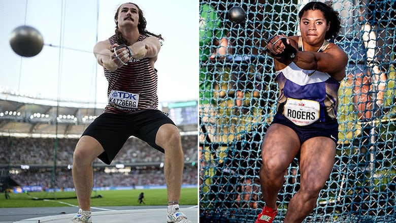 Composite photo of Canadian hammer throwers Ethan Katzberg and Camryn Rogers in separate competitions.