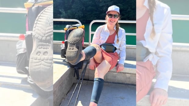 Clara Hughes hiked most of the West Coast Trail in a sneaker and a Croc. A woman holds up one foot in a Croc.
