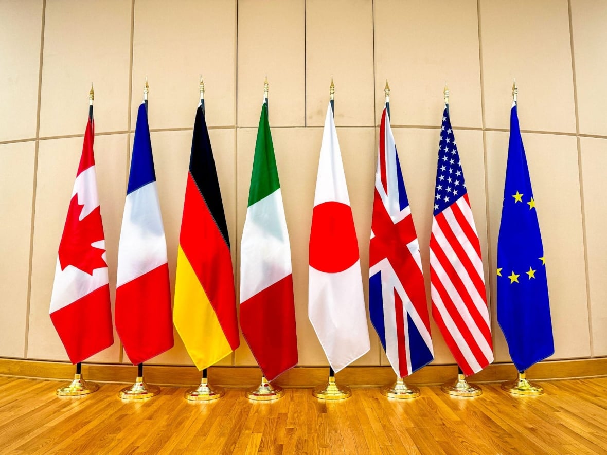 The flags of the G7 countries and the European Union stand tall inside the Library and Archives Canada building in Ottawa.