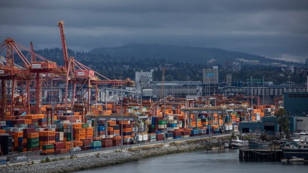 Cargo containers are shown at a port.
