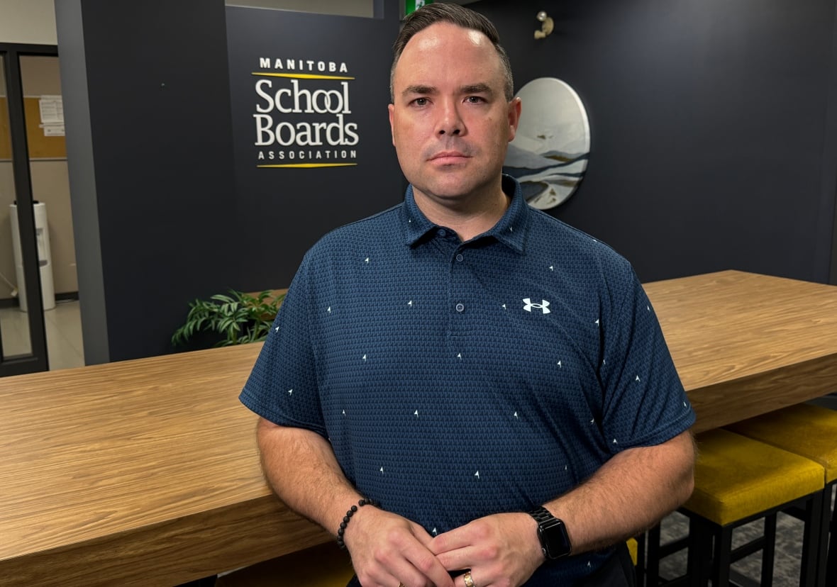 A man in navy polo shirt leans against a wooden table indoors, with a houseplant and signage noting Manitoba School Boards Association behind him.