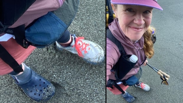 Split screen of a woman showing her shoes, one a Croc while wearing a hiking jacket and pack.