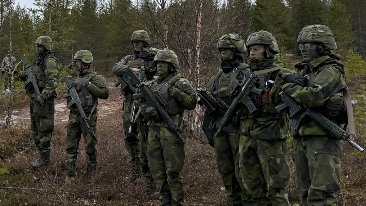 Soldados suecos que têm rifle assistindo a exercícios militares